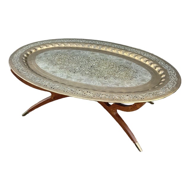 Mid Century Modern Wood and Brass Tray Collapsable Table For Sale