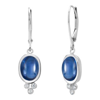 14k Gold Lever Back Earrings With 4.15 Carat Cabochon Sapphire and Diamond, A Pair For Sale