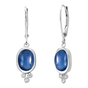 14k Gold Lever Back Earrings With 4.15 Carat Cabochon Sapphire and Diamond, A Pair