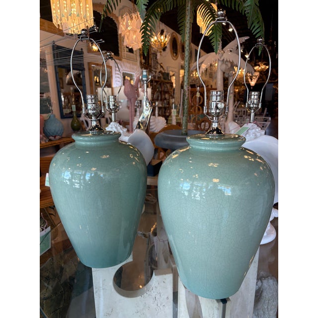 Vintage Pair Green Crackle Porcelain Ceramic Table Lamps Brass Newly Wired For Sale - Image 9 of 10