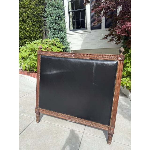 Antique Neoclassical Carved Wood & Black Leather Full-Size Headboard, Fluted Posts & Pinecone Finials For Sale - Image 11 of 12