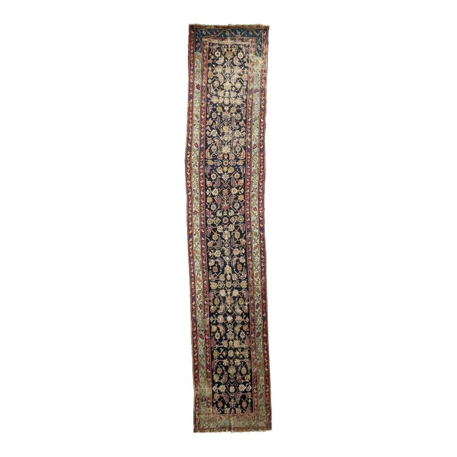 Antique Caucasian Karabagh Runner in Slate Seafoam, Deep Ink, Indigo, Army Green, Pink 3.6 x 17.5 For Sale