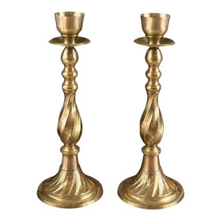 Vintage 13" Solid Brass Candlesticks – Pair | Tall Twisted Brass Taper Candle Holders | English Country | Traditional Decor For Sale