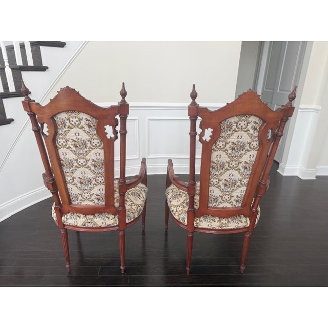 Wood 2 Antique Carved Wood Upholstered Armchairs For Sale - Image 7 of 7