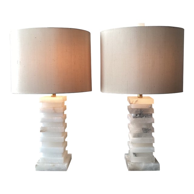 John-Richard Stacked Alabaster Column Table Lamps With Raw Silk Shades - a Pair For Sale