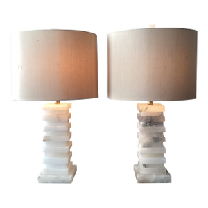 John-Richard Stacked Alabaster Column Table Lamps With Raw Silk Shades - a Pair