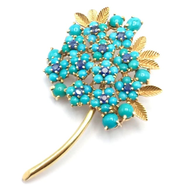 Tiffany & Co. 18k Yellow Gold, Turquoise & Sapphire Pin Brooch Details: Metal: 18k yellow gold Size: 57mm x 36mm Weight:...