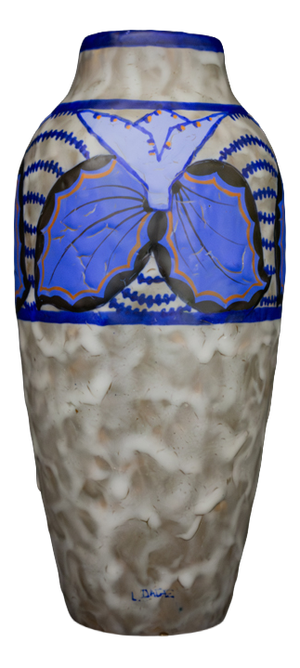 Art Deco Glazed Stoneware Vase with Butterfly Decor by Louis Dage, France, 1930s