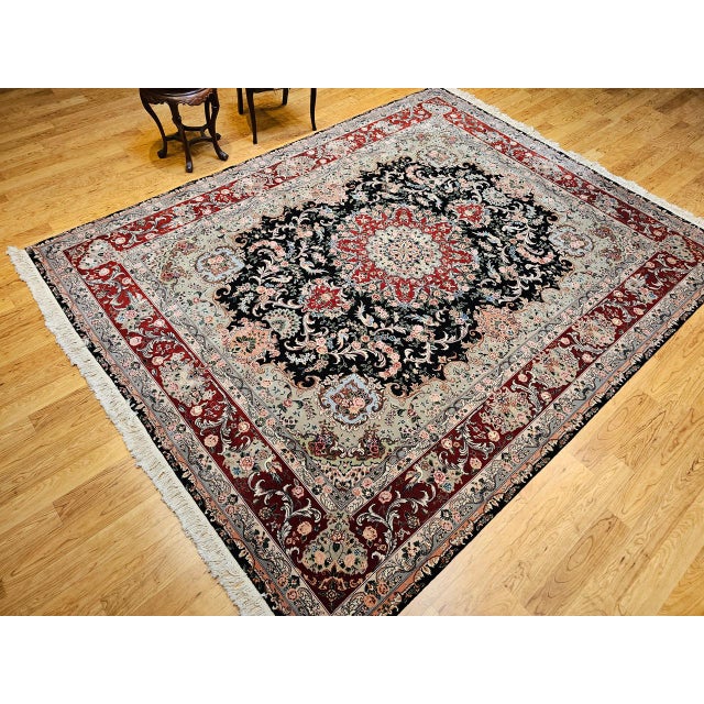 Vintage Persian Tabriz Rug, Hand-Knotted Wool & Silk, Floral Garden Pattern, Black & Red, 8x10 For Sale - Image 14 of 18