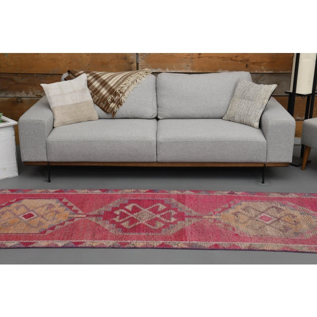 Mid-Century Modern Vintage Turkish Hand-Knotted Wool Cotton Pink Runner Rug For Sale - Image 3 of 12