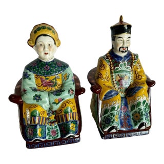 Chinese Hand Painted Porcelain Emperor and Empress Sculptures - 2 Pieces For Sale