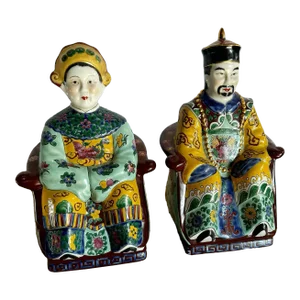 Chinese Hand Painted Porcelain Emperor and Empress Sculptures - 2 Pieces