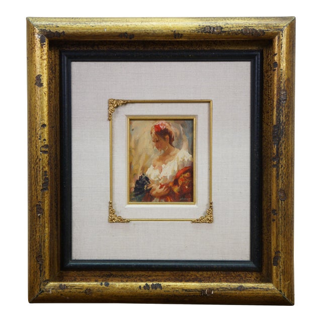 Late 20th Century Mark Arian Study XIX Spanish Flamenco Dancer W Fan Oil Painting on Board 20" For Sale