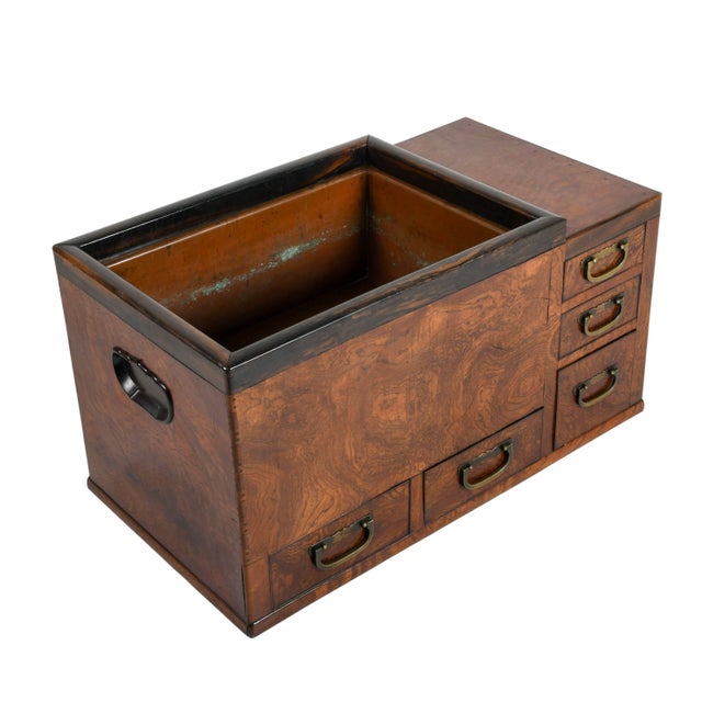 Japanese Burlwood Hibachi With Drawers and Copper Liner, Meiji-Style For Sale - Image 9 of 9
