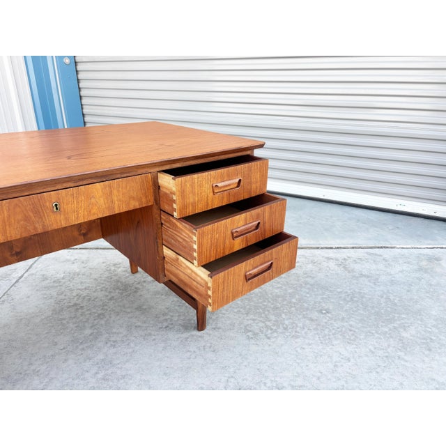 1960s Danish Modern Teak Partners Desk With Drop-Down Bar & Bookcase Back For Sale - Image 9 of 12