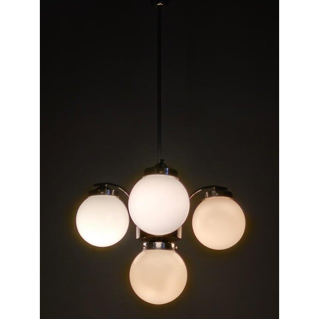 Czech Art Deco Chandelier with Four Opaline Glass Shades, 1930s For Sale - Image 11 of 15