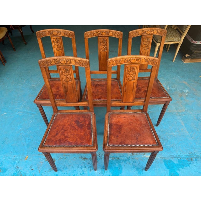 Art Deco Chairs in Carved Walnut with Studded Leather Seats, 1920s, Set of 5 For Sale - Image 9 of 11