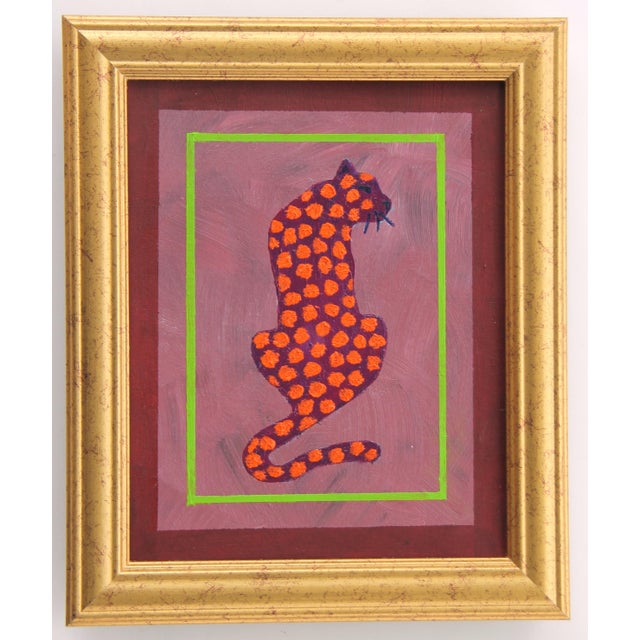 A spotted leopard in shades mauve and pink with a burgundy border. Abstract, Minimalism, Folk Art, English Traditional,...