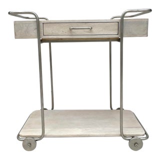 White Washed "Savoy" Wood and Silver Metal Rolling Dry Bar Cart For Sale