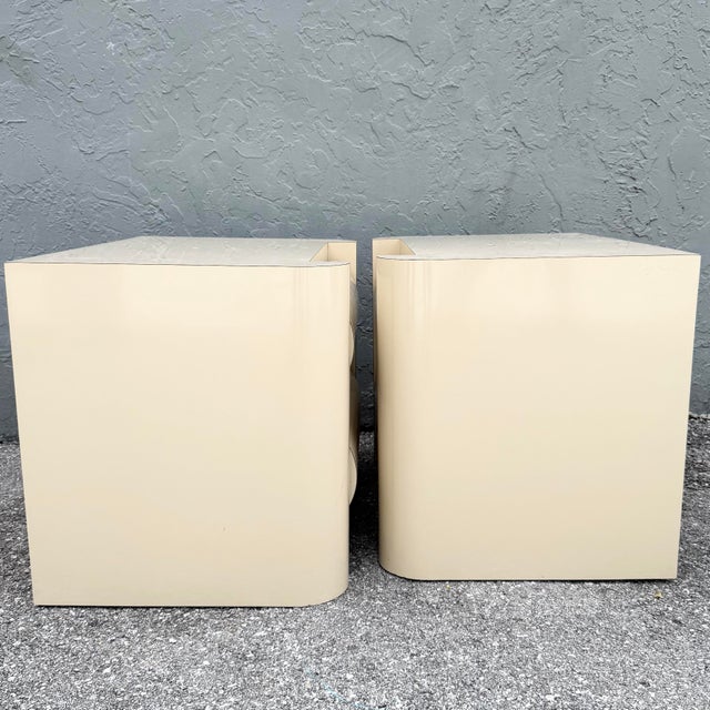 Wood Postmodern Cream Lacquer Laminate Bullnose Nightstands - A Pair For Sale - Image 7 of 7
