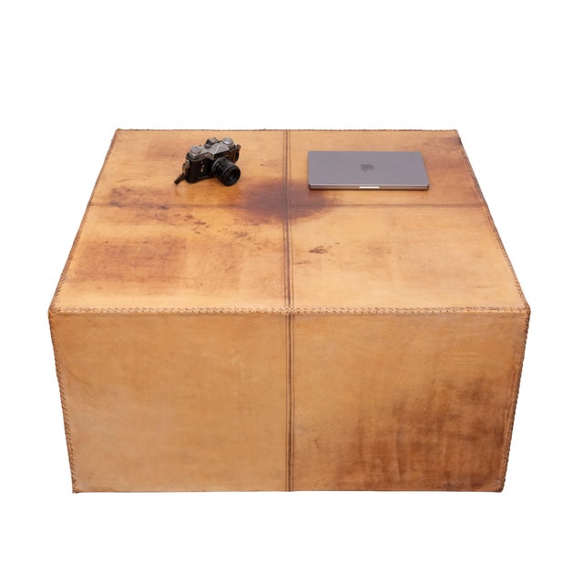 Animal Skin Large Stitch Cognac Leather Coffee Table, France, 1970s For Sale - Image 7 of 9