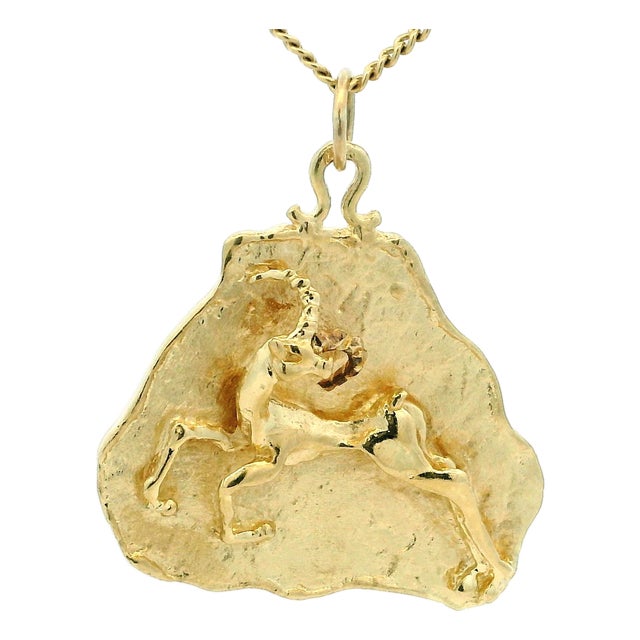 Italian Modernist 14k Gold Handcrafted Sculptural Ram Pendant, Circa 1975 For Sale