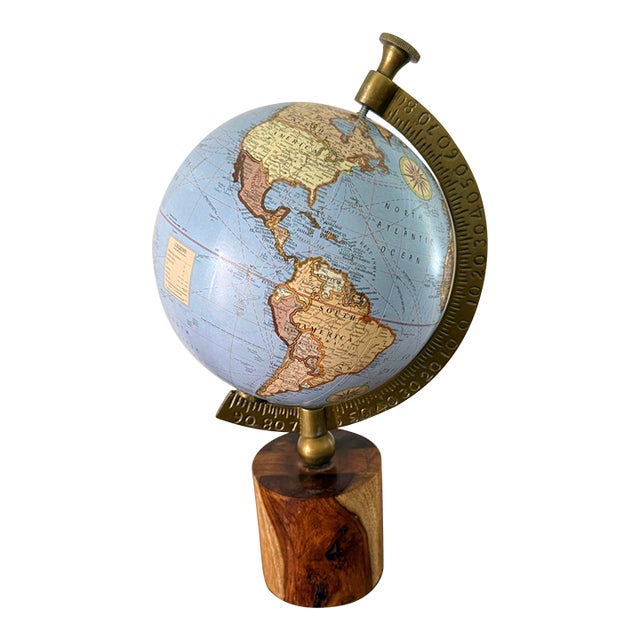 Blue Globe on Wooden Stand With Brass Meridian For Sale