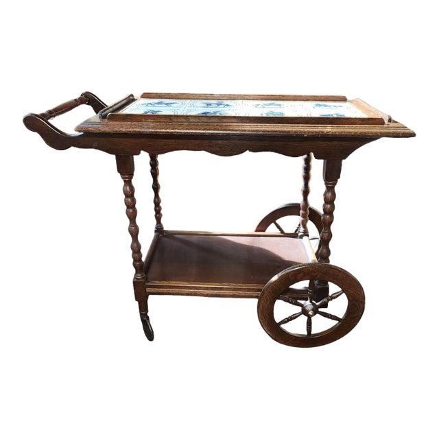 1930s-1940s Dutch Oak Tile Topped Serving Cart For Sale