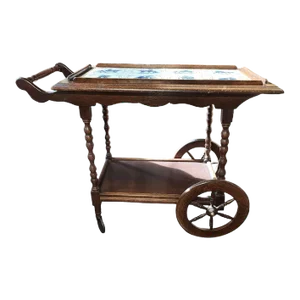 1930s-1940s Dutch Oak Tile Topped Serving Cart