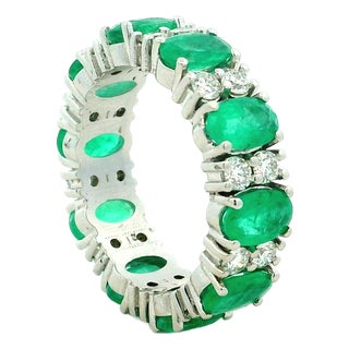 Colombian Emerald and Diamond 18k White Gold Full Eternity Band Ring, Size 6.5 For Sale