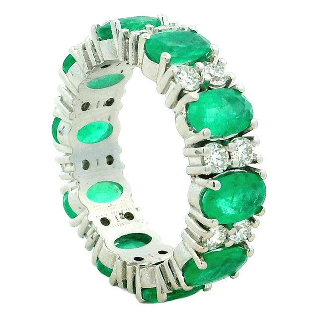 Colombian Emerald and Diamond 18k White Gold Full Eternity Band Ring, Size 6.5 For Sale