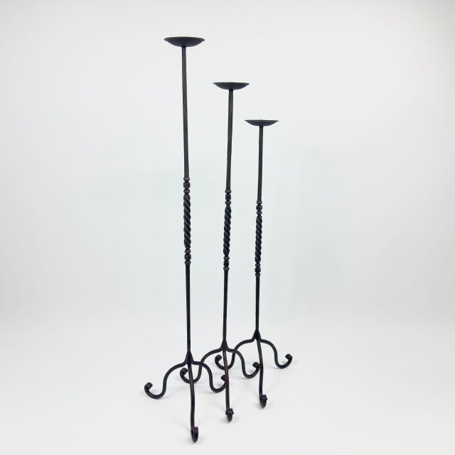 2020s Hand Forged Iron Candelabra Set of 3 (93-113cm) Antique Copper Finish Barley Twist Stem with Wide Scroll Base For Sale - Image 5 of 6