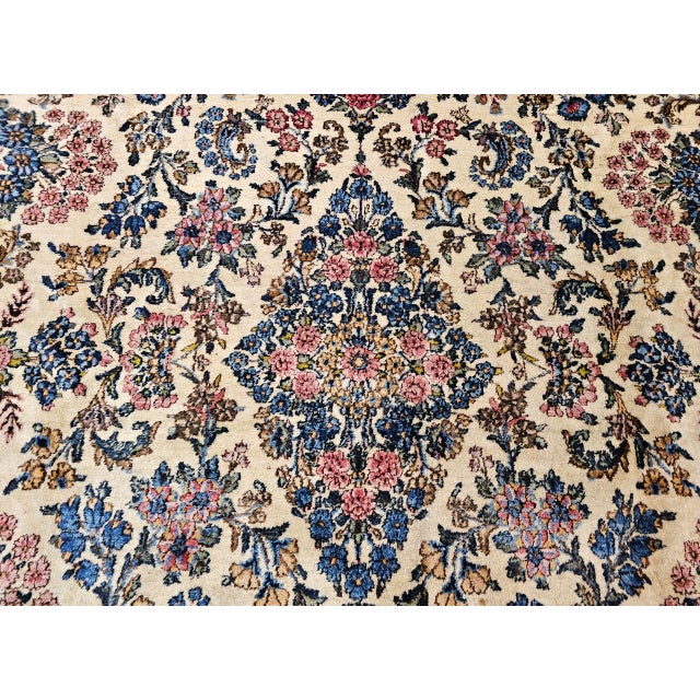 Vintage Persian Kerman Rug, Hand-Knotted Wool, Allover Floral Pattern, Ivory & Blue, 9x12 For Sale - Image 15 of 17