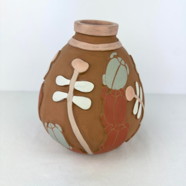Native American Camille Bernal Gallegos Pottery Vessel - Hand Coilsd With Carved Beetles & Plants For Sale - Image 3 of 11