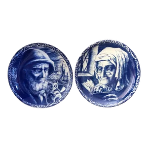 1960s Vintage Boch Belgium Freres La Louviere Delft Sea Captain & Old Women Wall Plates - Set of 2