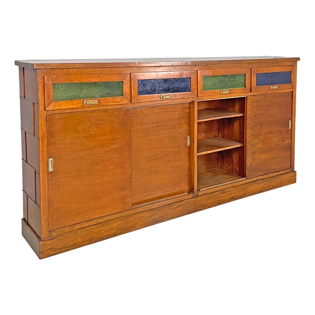 Italian Art Deco Wooden Sideboard with Green and Blue Stained Glass, 1930s For Sale