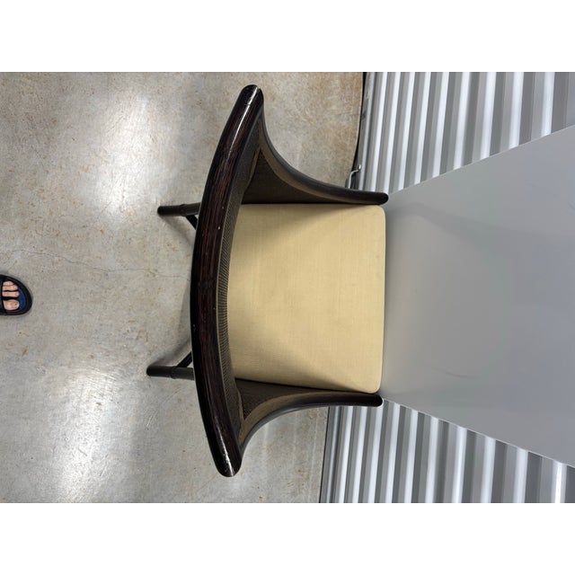 Barbara Barry 6 Barbara Barry, McGuire, Oval Back Cane and Rattan Dining Chairs. Chairs Have a Tobacco Black Rattan Frame With Upgraded Tan Linen Upholstery. For Sale - Image 4 of 9