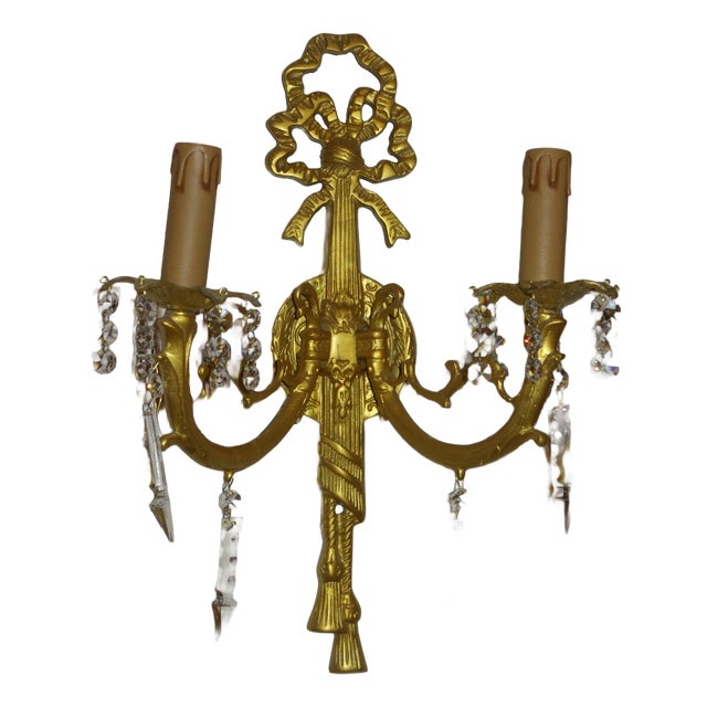 Vintage Brass and Lead Crystal Wall Lamp from Palwa, 1950s For Sale