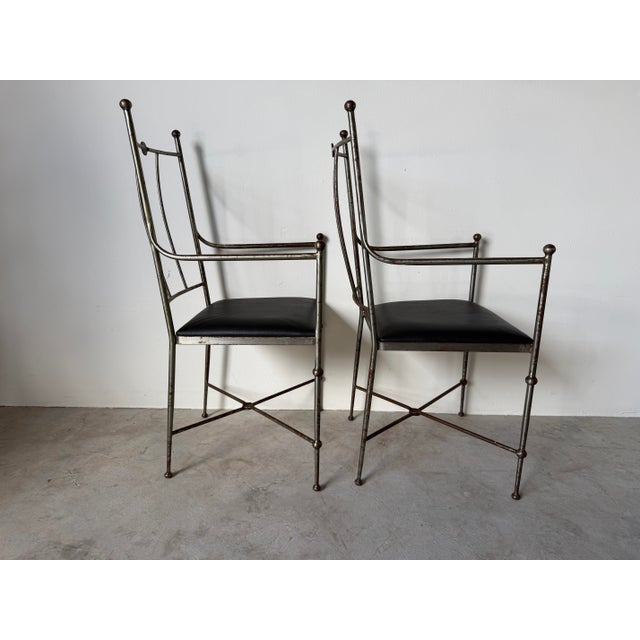 Vintage Alberto Orlandi Giacometti-Style Metal Armchairs With Black Leather Seats – Pair For Sale In Miami - Image 6 of 17