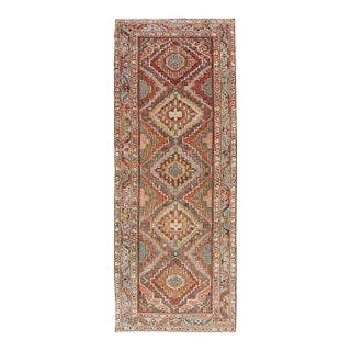 Antique Persian Bakhtiari Runner With Geometric Medallions in Taupe and Rust For Sale