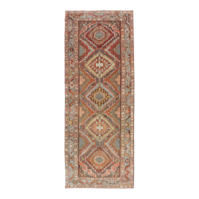 Antique Persian Bakhtiari Runner With Geometric Medallions in Taupe and Rust For Sale