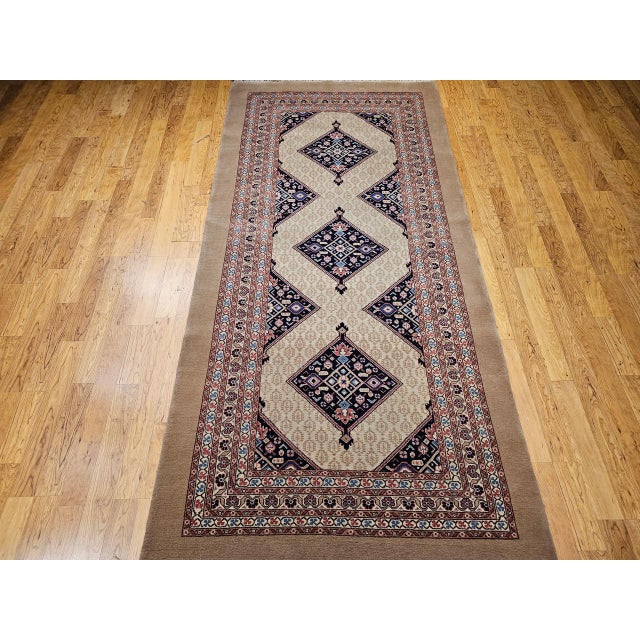 Vintage Persian Malayer Gallery Rug, Hand-Knotted Wool, Geometric Pattern, 5x10, Camehair & Navy For Sale - Image 12 of 13