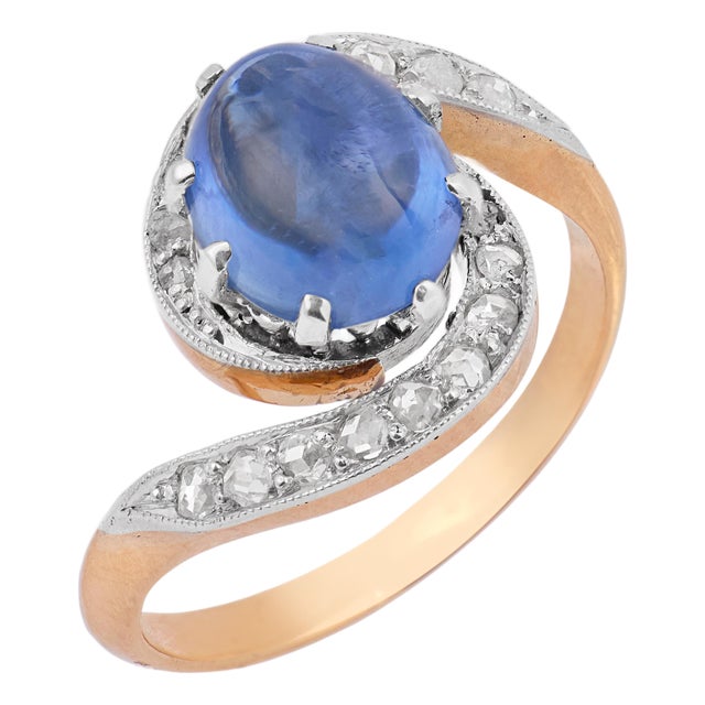 1910s Edwardian Cabochon Cut Sapphire 18k Rose Gold Platinum Swirl Ring, Size 6.75 For Sale