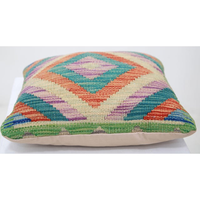 Tribal Arteverk Handwoven Afghan Kilim Pillow — Green & Purple Diamonds For Sale - Image 3 of 3