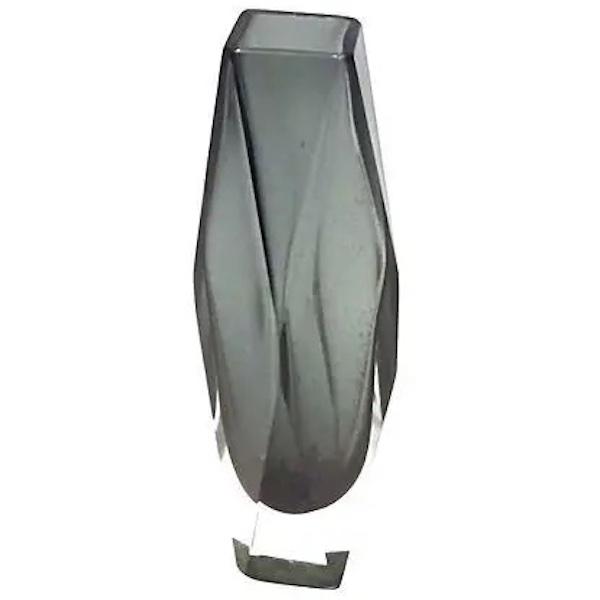 Vintage 1960s, Finnish, mid-century modern, geometric and angular, cut smokey crystal vase. No maker's mark.