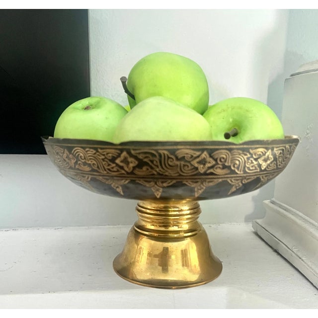 Footed Brass Bowl with Etched Gold Detailing For Sale - Image 4 of 10