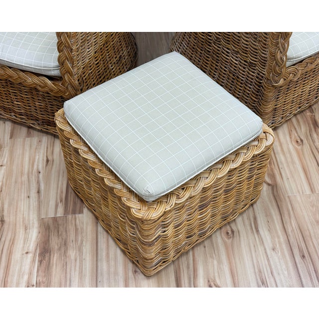 Vintage Braided Wicker Club Chair Pair With Ottoman For Sale - Image 11 of 16