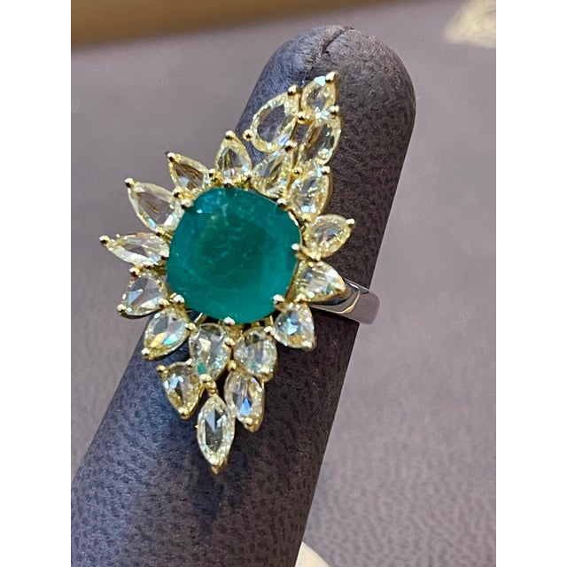 2010s 5.82 Ct Natural Colombian Cushion Cut Emerald & 3 Ct RoseCut Diamond Ring 18 Kt, Size 6 For Sale - Image 5 of 18