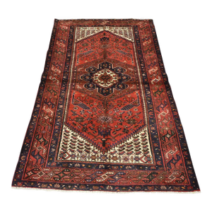 Zanjan Rug 4'5'' X 6'9'' Red Wool Vintage Tribal Hand-Knotted Oriental Carpet