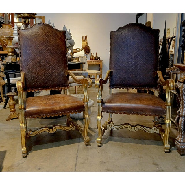 Pair of Louis XIV Armchairs in Tooled Leather and Gilt Wood, Late 18th C. For Sale In New York - Image 6 of 18